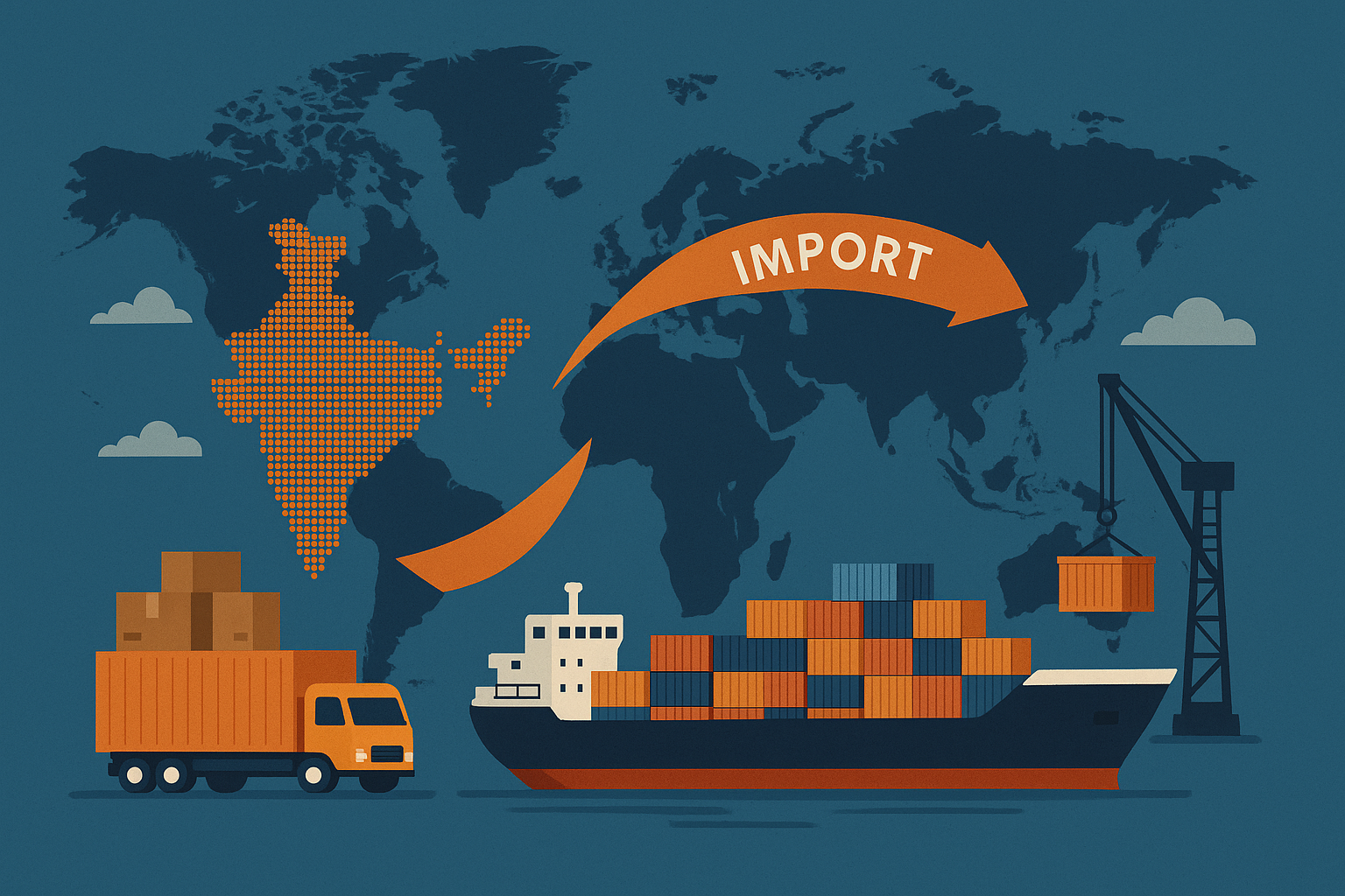 Cargo ship at a port with fabric overlay